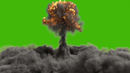 The explosion of a nuclear bomb. Realistic 3D of atomic bomb explosion with fire, smoke and mushroom cloud in front of a green screen. 3D Renderingの写真素材
