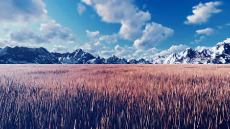 Mystical view, unusual grass, blue sky with clouds, morning sun and mountains in the distance. 3D...
