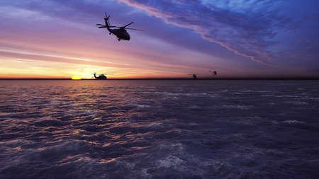 Black hawk military helicopters fly at sunrise across the boundless sea. 3D Renderingの写真素材