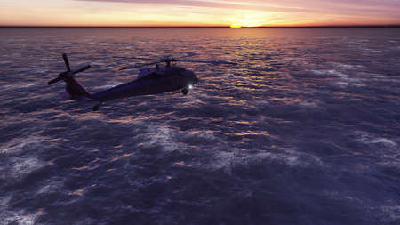 Black hawk military helicopters fly at sunrise across the boundless sea. 3D Renderingの写真素材