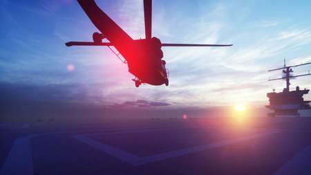 Military helicopter Blackhawk takes off from an aircraft carrier in the morning in the endless blue ocean. 3D Renderingの写真素材