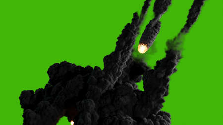 A high-quality cinematic of a shooting star or meteor flying from the sky, lighting up the darkness and releasing clouds of smoke before crashing into the ground and breaking up into several pieces in front of a green screen.の写真素材