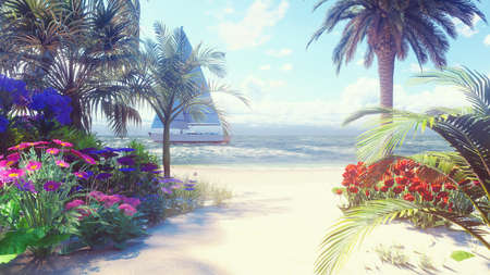 Beautiful yacht swims past the beautiful beach, washed by the ocean wave. 3D Renderingの写真素材