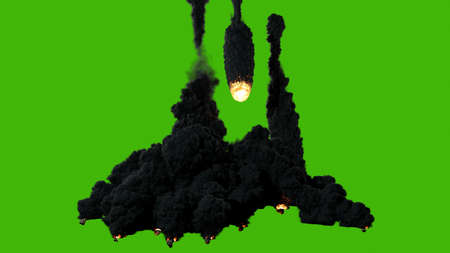 A high-quality cinematic of a shooting star or meteor flying from the sky, lighting up the darkness and releasing clouds of smoke in front of a green screen. 3D Renderingの写真素材