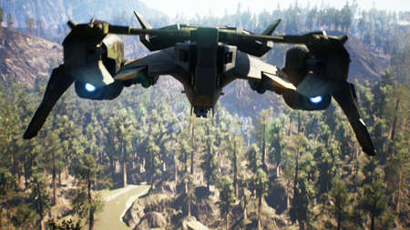 A military spaceship flies over a green blooming forest. Illustration for fantasy, futuristic or...
