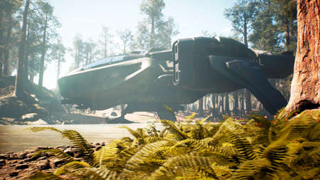 A military spaceship launches from a forest on a beautiful green planet. Illustration for fantasy, futuristic or space travel backgrounds. 3D Rendering.の写真素材