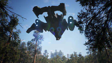 A military spaceship flies over a green blooming forest. Illustration for fantasy, futuristic or...