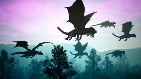 Amazing magical unusual creatures fly over the mysterious night forest against the background of lightning flashes. Illustration for fantasy, fiction or fabulous backgrounds. 3D Rendering.の写真素材