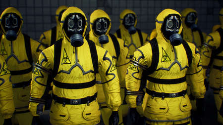 Doctors in yellow protective suits lined up before the start of the working day. People in a suit of bacteriological protection and gas mask. 3D Rendering.の写真素材