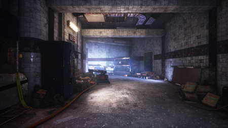 A post-apocalyptic deserted smoke-filled subway. The concept of a post-apocalyptic world. 3D Rendering.の写真素材