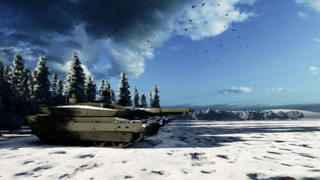 A military tank in the middle of a winter field shoots at an enemy target. Special operation of the military. 3D Rendering.の写真素材