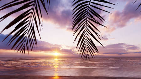 Red sunset over the endless ocean. Red sky, yellow sun, palm trees, beautiful sea and seascape. Summer amazing sunset on the sea coast. 3D Rendering.の写真素材
