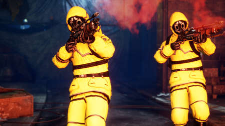 Men in yellow protective suits disinfect the citys infected territory with a flamethrower. People in...