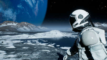 An astronaut-explorer is walking on an uninhabited planet. Animation for fantasy, futuristic or...