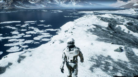 The astronaut is walking on a new unknown snow planet under alien constellations and nebulae....