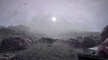 Apocalyptic weather. A hurricane wind circles sand and leaves. The concept of extreme weather,...