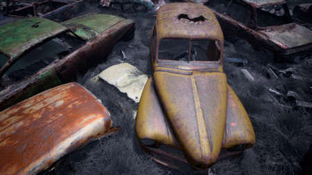 Car dump of old abandoned cars. Rusty damaged cars. A lot of destroyed, ruined, abandoned cars. 3D...