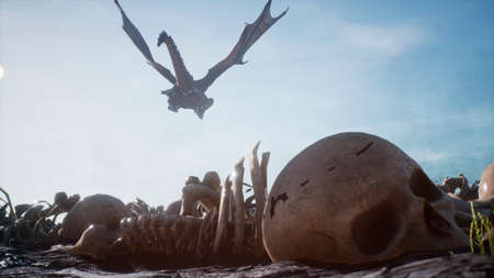 Large dragons fly over the battlefield with human bones lying on it. 3D Rendering