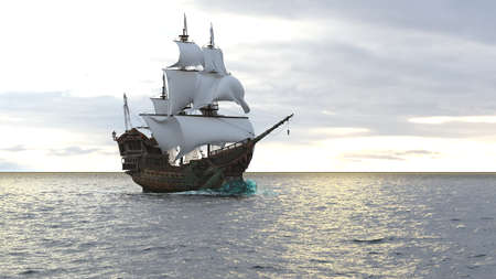 A medieval pirate ship sailing on a vast blue ocean. Concept of sea adventures in the middle ages. 3D Renderingの写真素材
