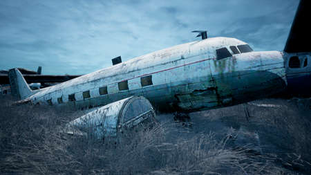 Rusty and broken planes stand in a field against a hazy blue sky. A lot of destroyed, destroyed,...