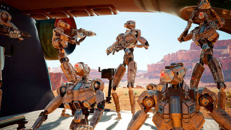 Military robots-androids arrived on a spaceship to an alien planet for its colonization. 3D Rendering.の写真素材