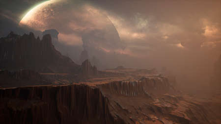 Panoramic landscape on the surface of an alien unusual planet. 3D Rendering.の写真素材