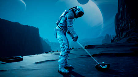 An astronaut explorer is playing Golf on a beautiful alien planet. 3D Rendering.の写真素材