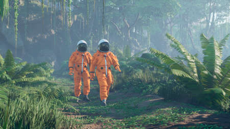 Astronauts explore an unknown blooming green planet. 3D Rendering.の写真素材