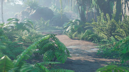 Beautiful jungle and green ferns in the rainforest. View of the green forest in the jungle on a sunny morning. 3D Rendering.の写真素材
