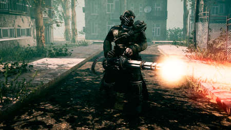 The last survivor of the Apocalypse shoots nightmarish zombies with a machine gun in a deserted city. 3D Rendering.の写真素材
