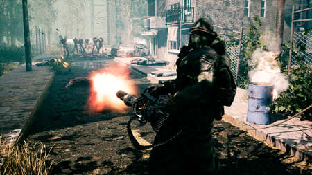 The last survivor of the Apocalypse shoots nightmarish zombies with a machine gun in a deserted city. 3D Rendering.の写真素材