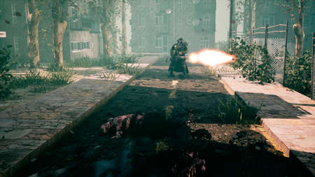 The last survivor of the Apocalypse shoots nightmarish zombies with a machine gun in a deserted city. 3D Rendering.の写真素材