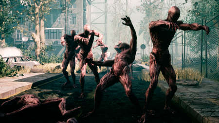The last Stalker with a machine gun fights with zombies in an abandoned city. 3D Rendering.の写真素材