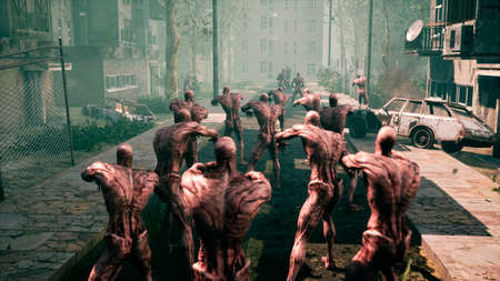 The last Stalker with a machine gun fights with zombies in an abandoned city. 3D Rendering.の写真素材