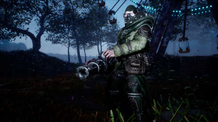 A surviving soldier with a machine gun fights monsters in a post-apocalyptic world. 3D Rendering.の写真素材
