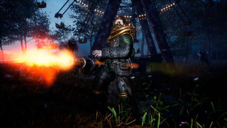 A surviving soldier with a machine gun fights monsters in a post-apocalyptic world. 3D Rendering.の写真素材