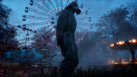 Stalker in a chemical protection suit and gas mask in an old abandoned Park. 3D Rendering.の写真素材