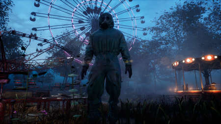 Stalker in a chemical protection suit and gas mask in an old abandoned Park. 3D Rendering.の写真素材