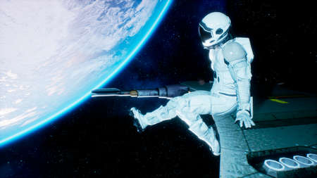 An astronaut sits on the wing of his spaceship and swings his legs looking at the blue planet. 3D Rendering.の写真素材
