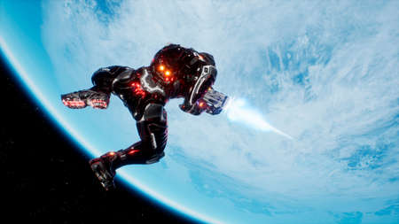 Battle of soldiers of the future in open space near the blue planet. Shootout in deep space. 3D Rendering.の写真素材