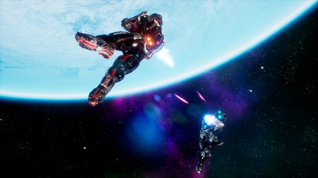 Battle of soldiers of the future in open space near the blue planet. Shootout in deep space. 3D Rendering.の写真素材