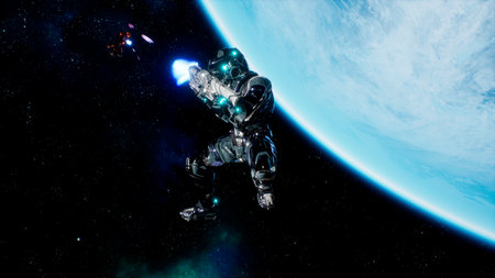 Battle of soldiers of the future in open space near the blue planet. Shootout in deep space. 3D Rendering.の写真素材