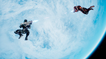 Battle of soldiers of the future in open space near the blue planet. Shootout in deep space. 3D Rendering.の写真素材