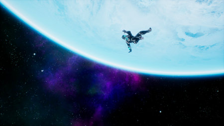 A soldier of the future falls on a blue planet in outer space. 3D Rendering.の写真素材