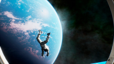 An astronaut jumps out of a spaceship into outer space. 3D Rendering.の写真素材