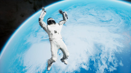 An astronaut is flying in outer space and falls on an unknown blue planet. 3D Rendering.