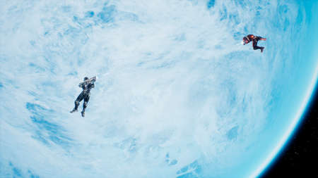 Battle of soldiers of the future in open space near the blue planet. Shootout in deep space. 3D Rendering.の写真素材