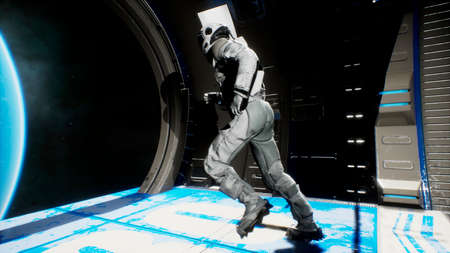 An astronaut jumps out of a spaceship into outer space. 3D Rendering.の写真素材