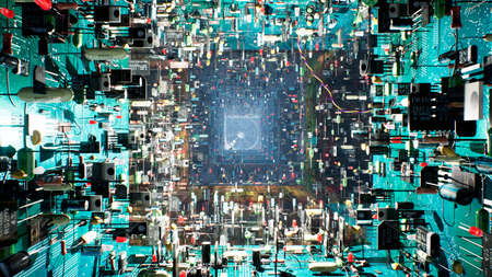Technological background of the circuit Board. Inside the unusual computer are electronic components: chips, transistors, LEDs, semiconductors. 3D Rendering.の写真素材