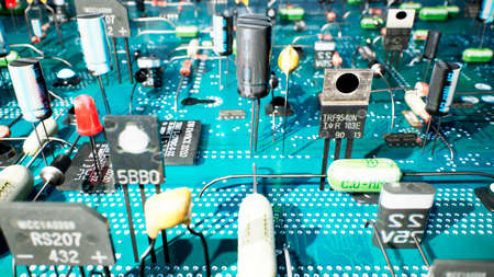 Electronic components inside a technological device: microchips, transistors, LEDs, and semiconductors. 3D Rendering.の写真素材